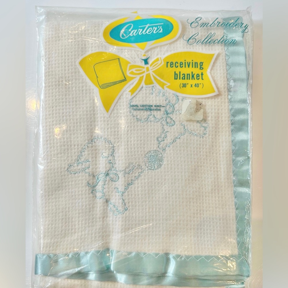 NIP Carter’s Vintage Blue Satin Trim Baby Receiving Blanket Embroidered